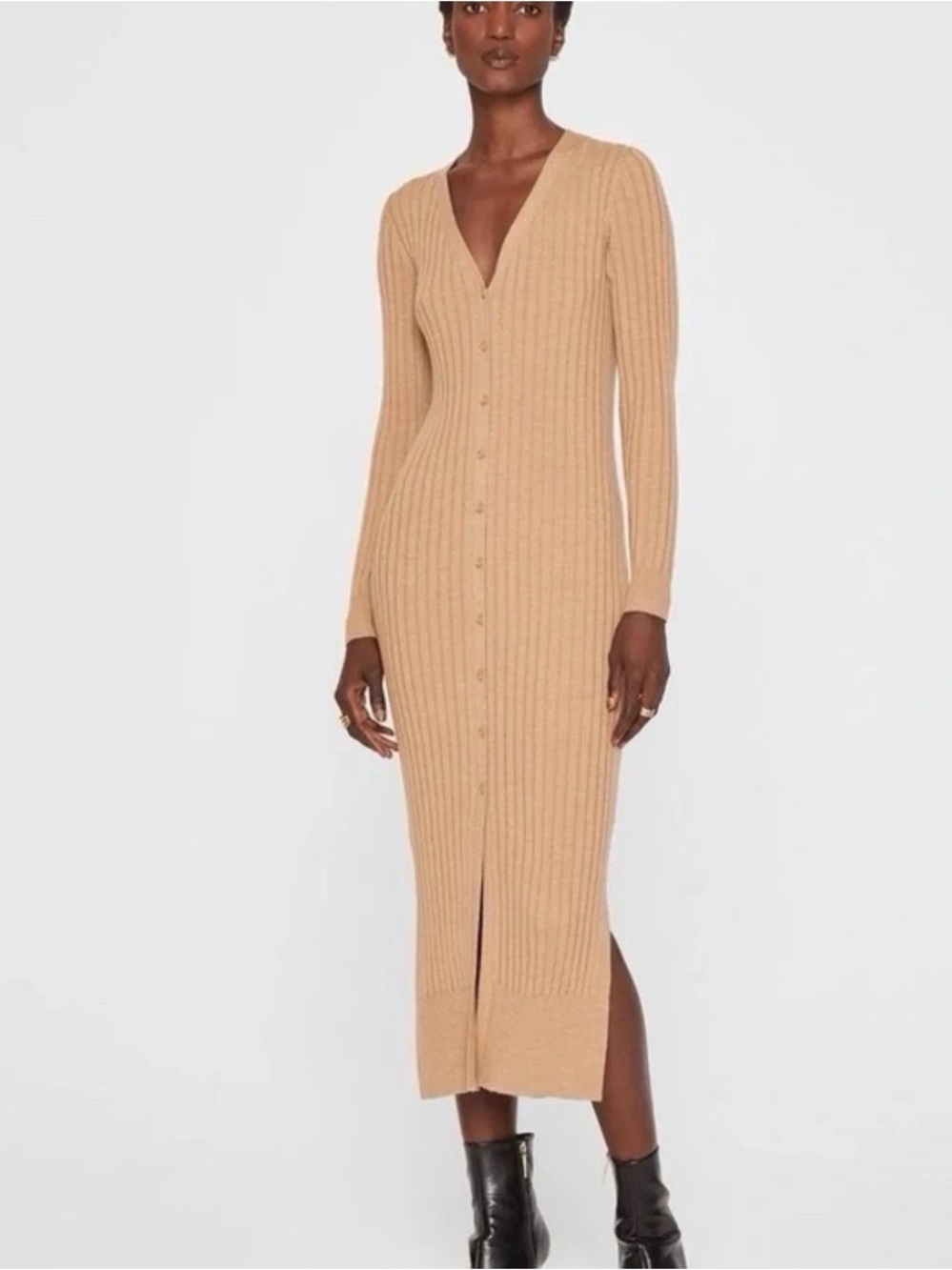 Club Monaco Button-Front Knit Dress in Camel
